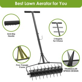 Seeutek 23 Inch Rolling Lawn Aerator - Upgraded Heavy Duty Aerator Lawn Soil Penetrator Spikes w/ 3 Adjustable Height Handles, Manual Aerator Lawn Tool for Garden Yard