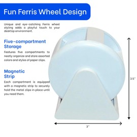 Fun Ferris Wheel Paper Clip Dispenser - Plastic Holder with 5 Colorful Compartments and Zebra Paper Clips - Unique Office Supply - Ideal for Wholesale, Bulk, Events, Gifting - White