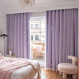 Loyala Stars Double Layer Blackout Curtains - Kids & Bedroom, 63 Inch Long, Purple, 42 x 63 Inch