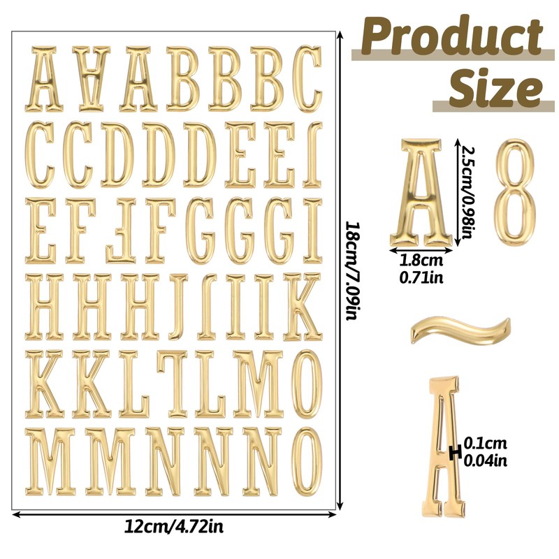 Gold Letter Stickers, 6 Sheets 1 Inch 3D Self Adhesive