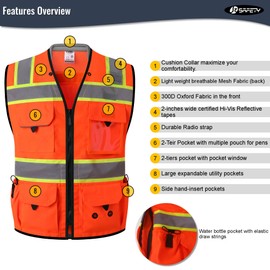 JKSafety Hi-Vis Unisex Surveyor Safety Vest Heavy Duty PPE Inner Pockets ANSI/ISEA Compliant (188-Orange L)