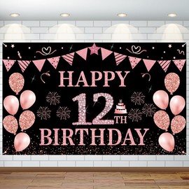 12th Birthday Decorations for Girls Boys Happy 12th Birthday Banner Large Size Rose Gold Birthday Backdrop Banner for 12 Years Old Anniversary Birthday Party Photo Prop Booth Background Deco