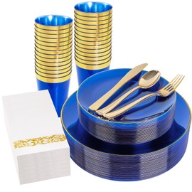 YOUBET 175PCS Clear Blue Plastic Plates - Blue and Gold Disposable Plates Include 50 Plate, 75 Silverware, 25 Cups, 25 Napkins for Wedding & Party