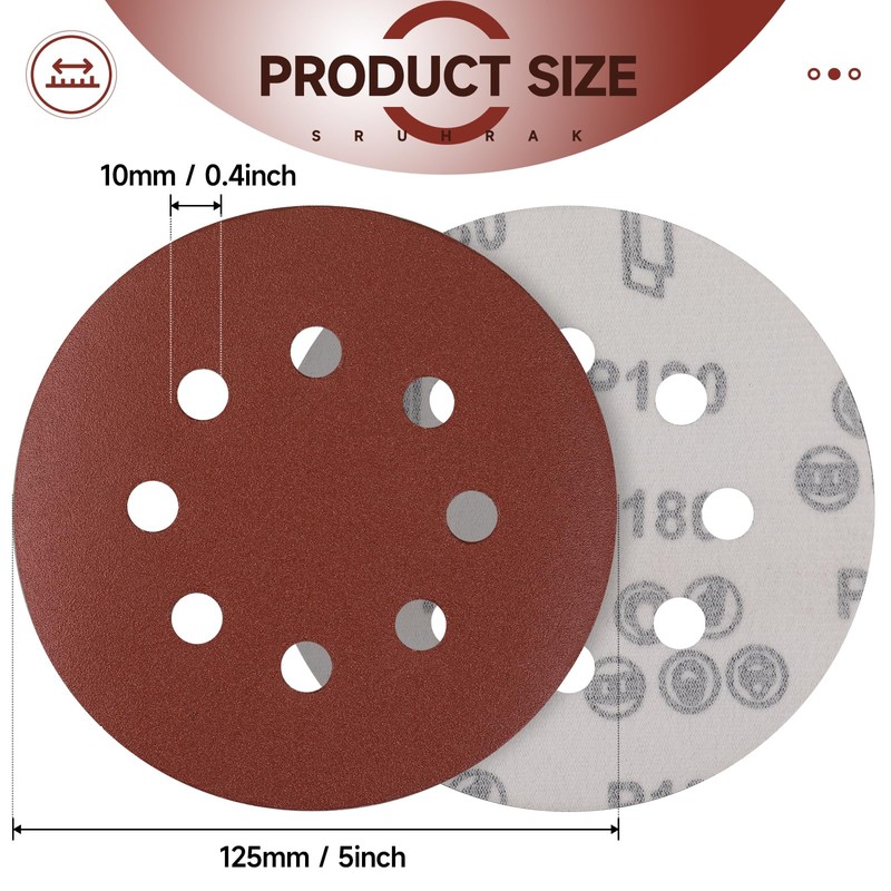 Sruhrak Sanding Discs 125 mm Velcro 8 Hole 180 Grit