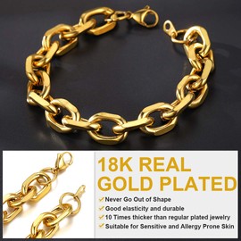 Chain Link Bracelet 18K Gold Plated 12mm Rolo Cable Bracelet for Men, 8.3 inch