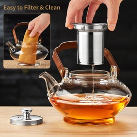 UNBREAKABLE-46oz Glass Teapot with Stainless Steel Infuser and Lid, Heat-Resistant Borosilicate Glass Tea Pot for Stovetop & Microwave, with Wooden Handle