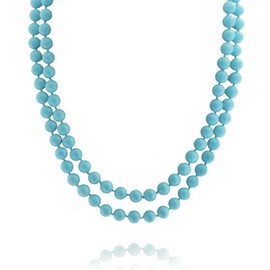 Classic Western Style Hand Knotted 10MM Round Ball Bead Endless 70 Inch Long Strand Double Triple Wrap Layer Blue Turquoise Necklace for Women