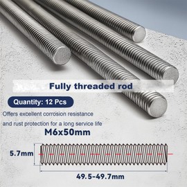 M6 Stainless Steel Threaded Rods, M6 x 50mm Fully All Threaded Rods, Pack of 12