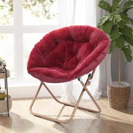 OS MOTOR Cozy Saucer Chair, Living Room Chair, Faux Fur Soft Thick Padded Seat, Metal Frame Folding Chair, Comfortable Moon Chair for Living Room, Bedroom, Reading Nook, Modern Style, 2 Pack, Red