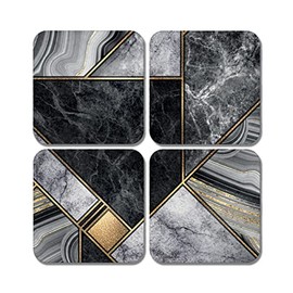 4 x Square Art Deco Coasters - Marble Effect Gold Black Set Theme Gift #78457