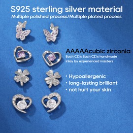 4 Pairs 925 Sterling Silver Stud Earrings for Women Girls Tiny Flower Heart Butterfly Hypoallergenic Cubic Zirconia Diamond Cartilage Earrings Set