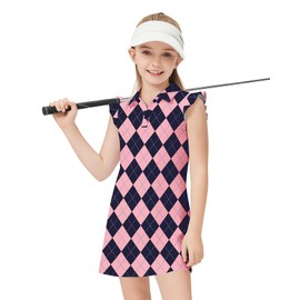 Soneven Girls Sleeveless Tennis Dress Kids Ruffle Golf Dress School Sports Athletic Dresses Outfit with Shorts Pockets(Pink Blue Plaid, Large)