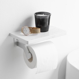 Hoimpro Brushed Silver Aluminum Toilet Paper Holder with White Natural Marble Shelf, Wall Mounted Tissue Hand Paper Roll Storage Holder for Bathroom Kitchen Washroom Bedroom