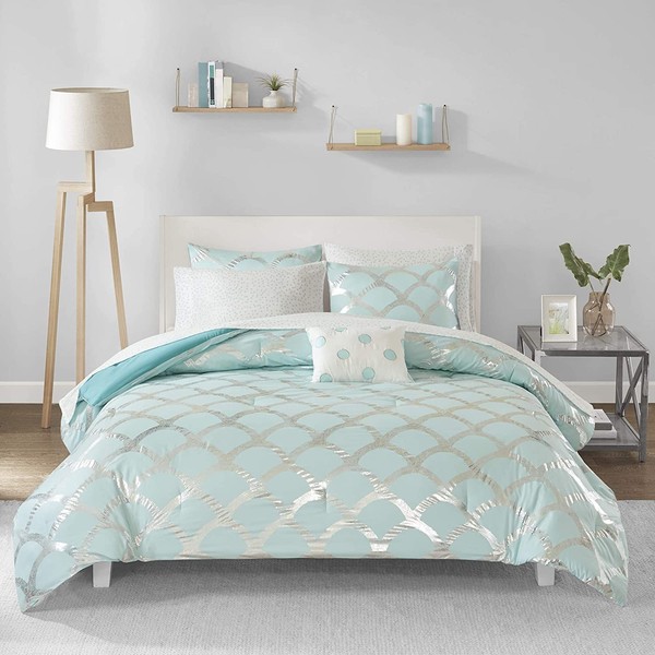 Intelligent Design Lorna Complete Bed in A Bag Trendy Metallic Mermaid Scale Scallop Print Comforter with Polka Dots Sheet Set, Teen Bedding for Girls Bedroom, Twin XL, Aqua 6 Piece (ID10-1573)