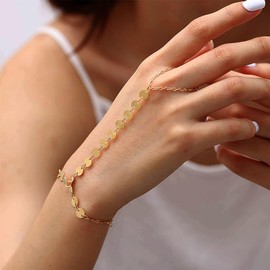 Sttiafay Finger Ring Chain Bracelet Gold Sequins Hand Chain Bracelet Boho Disc Slave Ring Bracelets Sequins Finger Link Bracelets Jewelry for Women