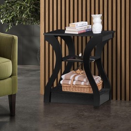 SUPER DEAL Black End Table, 3 Tier Nightstand with Charging Station, Compact Sofa Side Table for Living Room, Bedroom, Small Spaces, 19.6" W x 11.8" D x 23.4" H, 2 USB and 2 Power Outlets