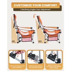 Sportneer Beach Chair: Adjustable Folding Chair with Cup Holder & Side Pocket - Portable & Compact Beach Chairs for Adults with Reclining Positions for Camping Picnic and Outdoor, Orange 2 Pack