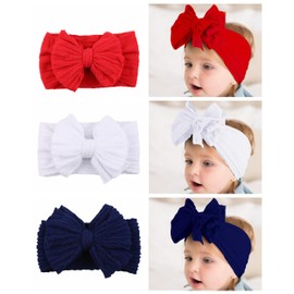 LDDCX Baby Girl Headbands Hair Bows Nylon Hair Accessories Hairbands for Newborns, Infants, and Toddlers Perfect for Daily Wear and Photoshoots.(FD130) (Red White Navy Blue, Free)
