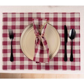 Solino Home Buffalo Check Linen Dinner Napkins 20 x 20 Inch - 100% Pure Linen Burgundy and Natural Plaid Cloth Napkins Set of 4 - Morgan Check, Handcrafted and Machine Washable