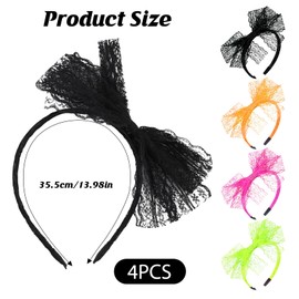 4 PCS Lace Bow Headband 1980s Cosplay Hair Hoop Large Bowknot Neon Lace Headband 80s Hair Accessories for Theme Party Women Girls Carnival Christmas Part Daily Decoration (Black+Pink+Green+Orange)