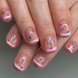 Pink Press on Nails Short Square Fake Nails wiht Glitter Dopamine Stars Designs Nude Glue on Nails Press ons Glossy False Nails Acrylic Stick on Nails for Women 24 Pcs