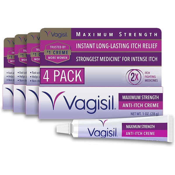 Vagisil Maximum Strength Feminine Anti-Itch Cream with Benzocaine for Women, Helps Relieve Yeast Infection Irritation, Gynecologist Tested, Fast-acting, Soothes and Cools Skin, 1 oz (Pack of 4)