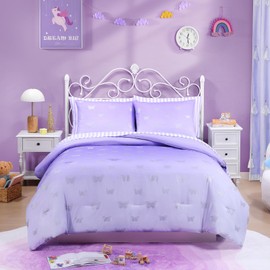 Wink Deer Purple Full Comforter Set for Girls 7 Pieces,Silver Foiled Butterflies in Purple Cute Bedding Sets, Comforter for Teen Girls, Full Bed in a Bag(76" X 86")