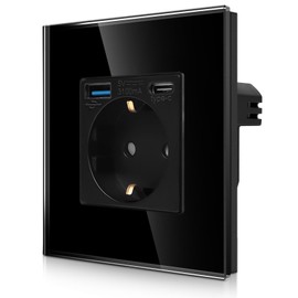 CNBINGO Single Socket with 2 x USB Ports (20 W Quick Charging), 1 x (Type C and USB-A), Simple Glass Schuko Socket, Flush-Mounted, Black Wall Socket with Child Lock