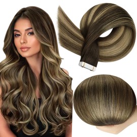 Full Shine Hair Extensions for Women Real Human Hair Color 2 Brown Ombre 8 Ash Brown and 27 Blonde Seamless PU Tape in Extensions 22 Inch Double Sided Tape Remy Tape ins 50g