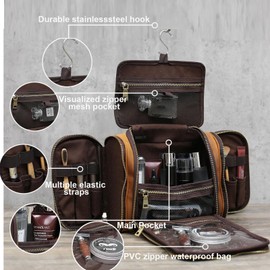 EURYNOME Toiletry Bag For Men, Genuine Leather Toiletries Organizer, Travel Hanging Toiletry Bag Large Water-resistant Bathroom Shaving Kit for Cosmetics, Makeup Case Travel Dopp Kit