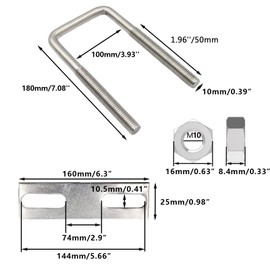 Bebochoi U-bolts M10 100 x 180 mm U bolt square U-bolt stainless steel bracket bolt with nuts and frame plate U-bracket for towing cars and ships repair pipelines