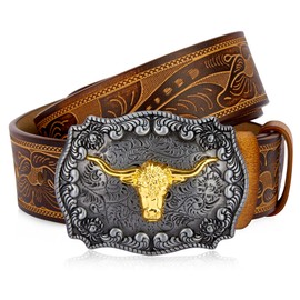 BISON DENIM Men's Western Double embossed leather belts with golden Cowboy Longhorn Bull Pattern Floral Engraved Buckle Belt studded buckle replaceable belt buckle