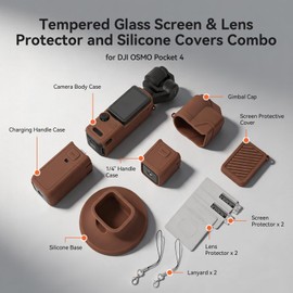AMAZEAR Silicone Case Compatible with DJI OSMO Pocket 4, Pocket4 Accessories Soft Skin Protective Cover Combo with Tempered Glass Lens Screen Protectors, Silicone Base Stand, Brown