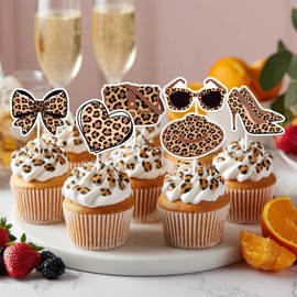 36Pcs Leopard Print Bow Cupcake Toppers, Leopard High Heel Cupcake Toppers Make up Theme Party Decorations for Women Lady Girls' Night Birthday Bachelorette Bridal Shower Party Decor Supplies