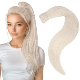 Easyouth Ponytail Extension Human Hair Blonde Pony Tails Extensions Wrap Around Ponytail Human Hair White Blonde Clip in Ponytail Hair Extension Lightweight Natural Look Remy Hair 18 Inch 80G