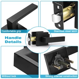 Estmoon 2 Pack Passage Door Levers, Matte Black Door Knobs Interior Square Door Handles, Heavy Duty Non-Locking Leversets Hall Closet Handles, Reversible for Right & Left Sided Doors
