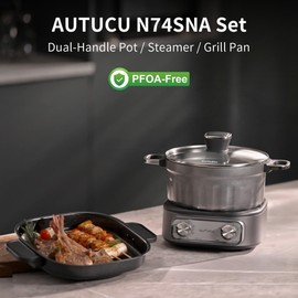 N74SNA Hot Pot Electric, Multi-Cooker 2.5 Quart Grill Steamer Set, PFOA-Free Nonstick for Steak, Soup, Fried Rice, Oatmeal, Egg, Ramen with Power Adjustment