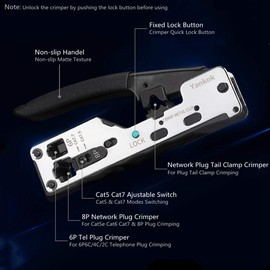Yankok [Cat6a Cat7 Modular Crimper] for Shielded Network Plugs and Cat5 Cat5e Cat6 Connectors Ethernet Data Voice Cables RJ11 RJ12 RJ45 Crimp Tool Silver (Matte Handle. Compact Size. Easy Storage)