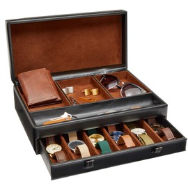 Juvale Mens Jewelry Box Organizer and Holder - Black Watch Box with Leather Valet Tray for Home Improvement - 12.6 x 9 x 4 In - Mens Jewelry Organizer