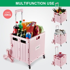 MACOPRO Foldable Utility Cart with Stair Climbing Wheels, Collapsible Rolling Crate with Telescoping Handle, Folding Shopping Trolley Handcart Grocery Book File Tool Teacher Storage Basket (Pink)