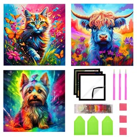 XSQD Pack of 3 Animals 5D Diamond Painting, DIY Full Drill Colourful Diamond Painting, Crystal Art Painting, Adults, Family Wall Decoration, 30 x 30 cm, Includes Accessories (with 3 Magnetic Picture