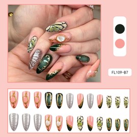 24pcs Almond Press on Nails Medium Length Fake Nails French Tip Press on Butterfly Wings Designs Glossy Chrome Gold Gems Stick on Nails Almond Nails Retro Green Fall Luxury Nail Finger Manicure Kit