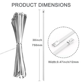 30 Inch Heavy Duty Stainless Steel Zip Ties, 12mm Wide Metal Cable Ties (15 Pack), 304 Stainless Steel Ball-Lock Straps, 337 Lbs Tensile Strength for Automotive, Outdoor and Marine