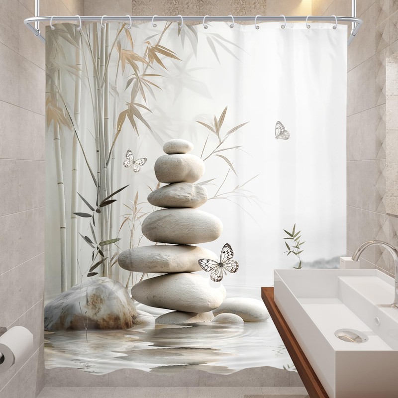 Zen Bamboo Gray Butterfly Stone Spa Pastel Bathroom Shower Curtain