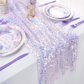 Sequin Iridescent Table Runner 25x120 Inches Purple Table Runners Sparkly Lavender Fabric Mermaid Party Decorations