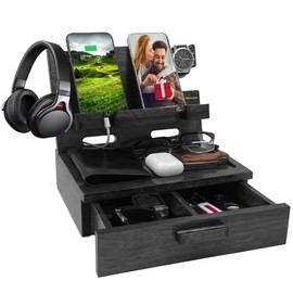 VEIYAILU Gifts for Him Husband Boyfriend Son Men Nightstand Organizer Wood Phone Docking Station Gift Ideas for Father's Day, Christmas, and Valentine's Day (Black)