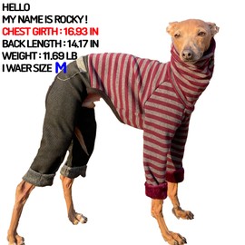 D DOGGY STAR Italian Greyhound Clothes Stripe Fleece Stretchable Denim Onesie Whippet for Dog Turtleneck Outfits Coat (M,Denim Burgundy)