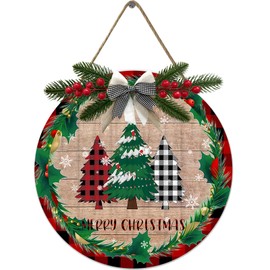 Fenarenes Merry Christmas Welcome Sign - Xmas Tree Door Sign Round Wood Wreaths Wall Hanging - Outdoor, Farmhouse, Porch Front Door Decoration 12x12 Inch