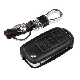 M.JVisun Men Women Genuine Leather Key Fob Cover for Volkswagen / for Skoda Flip Folding Car Remote Key Case with Keychain - 3 Buttons - Black