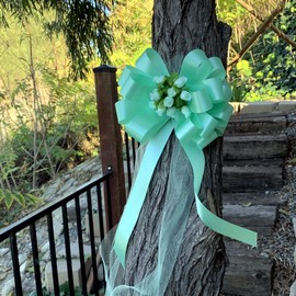 Mint Green Pull Bows with Tulle Tails and Rosebuds - 8" Wide, Set of 6, Spring, Wedding Pew Bows, Aisle Decoration, Reception, Anniversary, Birthday, Christmas, St. Patrick's Day, Easter